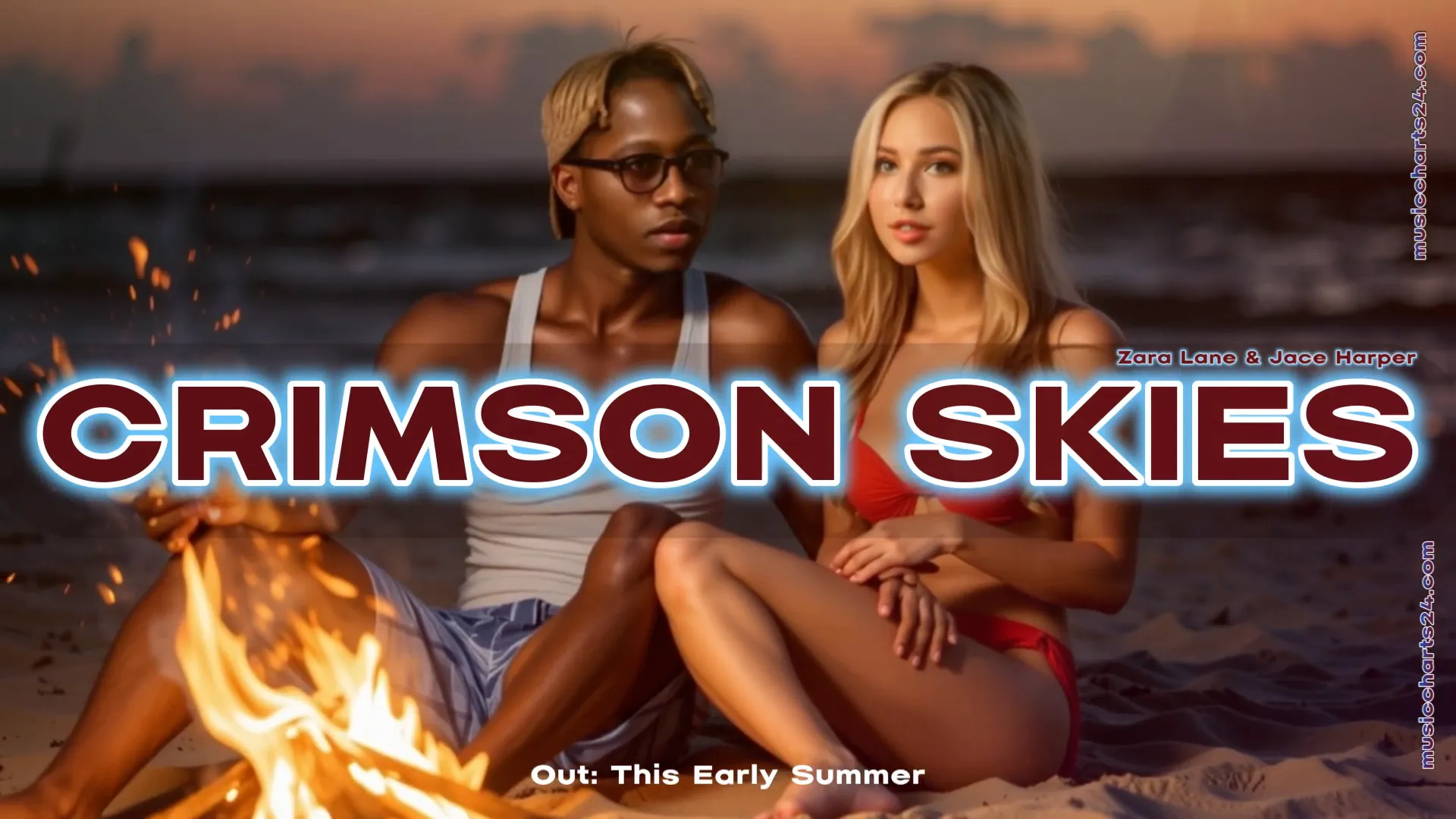 Music charts showing 'Crimson Skies' trending