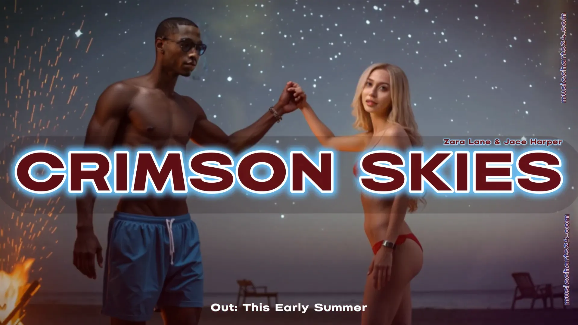 Music charts showing 'Crimson Skies' trending